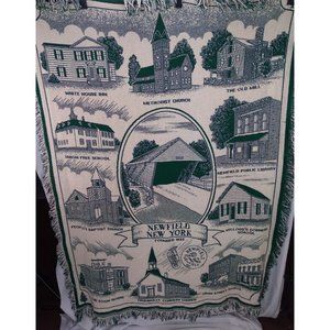 Vtg. Newfield New York Green Covered Bridge & Historical Sites Throw Blanket